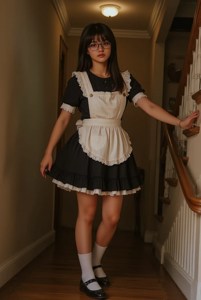 ((Highest Quality、masterpiece、high sensitivity、high definition、detailed depiction、depicting a delicate face、Ｆvalue：6.0),((Slender Woman、wearing glasses)),maid clothes、 apron skirt 、high socks、Clean the stairs in the mansion、