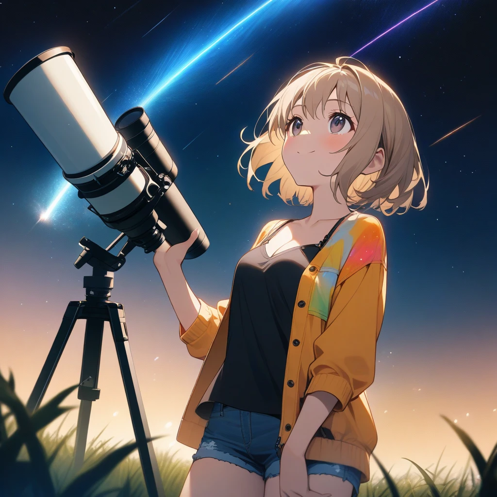 (best quality), (masterpiece), Ultra-detailed, (bold line), (highres:1.2), dramatic light, 1girl , <lora:KimHongDo:0.8>, in observatory, looking at space through long Telescope, space, planets, falling stars, light lines among planets, looking above, cogwheels, telescope, innocent face, messed floor