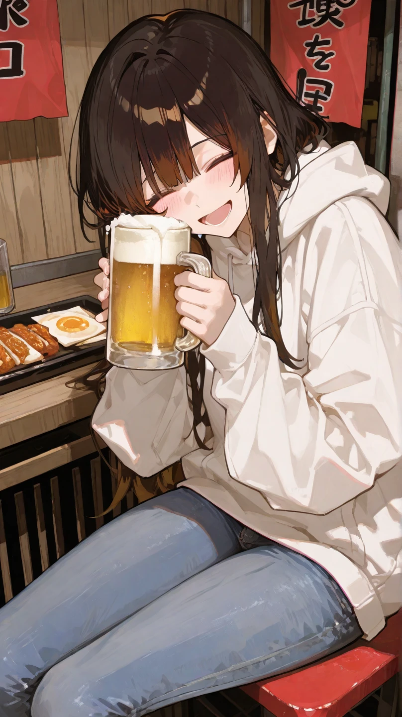 masterpiece, best quality, very aesthetic, absurdres, newest, 1girl, asymmetrical bangs, tareme, blush, drunk, long hair, smile, brown hair, shirt, indoor, sitting, female focus, alcohol, cup, bottle, mug, beer, 1ghost, god of death, hood, crossover, skull, scythe, skeleton