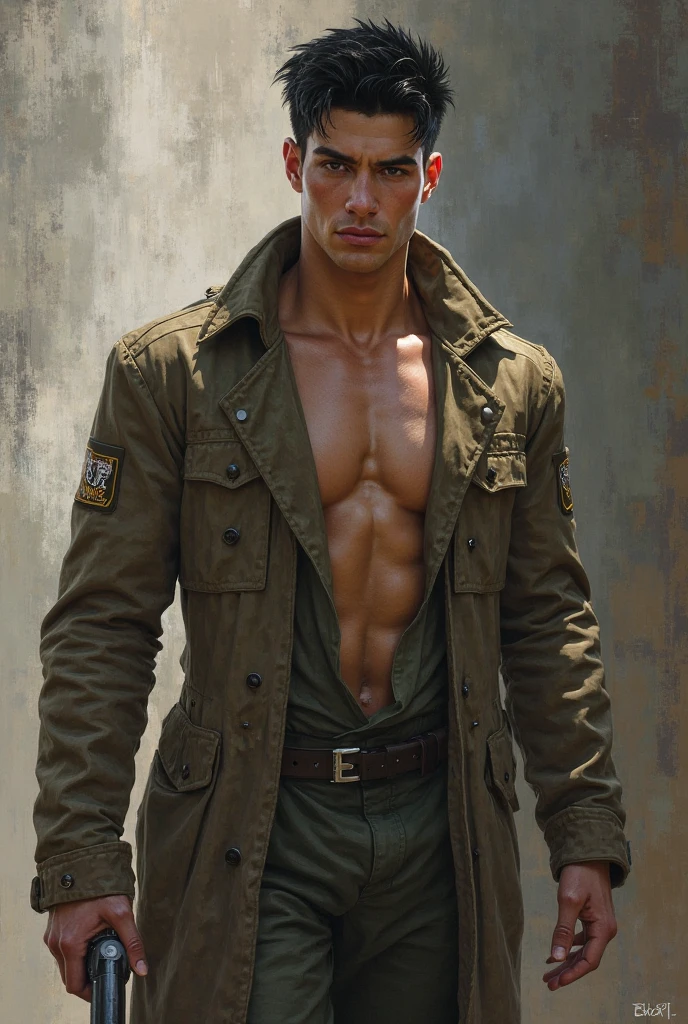 Illustration in Leyendecker style: in one ceremonial unbuttoned jacket, without pants or swimming trunks, a muscular blond 22-year-old Navy SEAL LT. Troy Adams. his face. Volom and jacket are thickly splattered with large drops and clots of sperm and cum