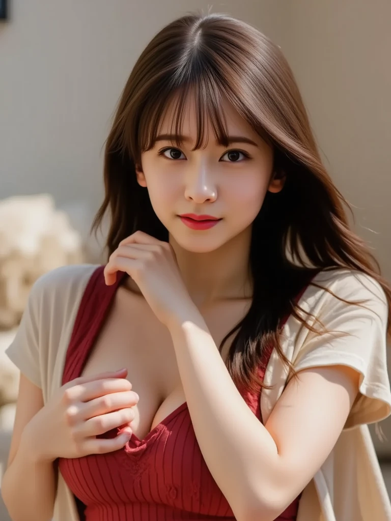 highest quality, 4k, High resolution, masterpiece:1.2, Super detailed, (realistic, realistic, realistic:1.37), lively, red and blue eyes,strong gaze,Seductive eye contact,fiery red iris,star shining in deep blue,Shining eyes,Bright colors,portrait,fantasy art,magical red light,mysterious beauty,Red color palette,black long hair,sweater,cowboy shot,off shoulder