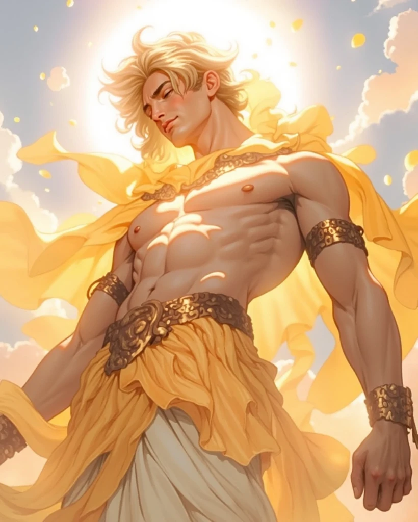 (best quality, masterpiece),(pleasant sky, warm colors, soft lighting),(god Apollo with majestic expression holding sun in his hands, the sun floating in the palms of his hands, bright skin),(wearing loose and long clothes, light color),golden hair, beard unmade golden, bright halo around Apollo's head) set body, 8k, majestic --auto --s2