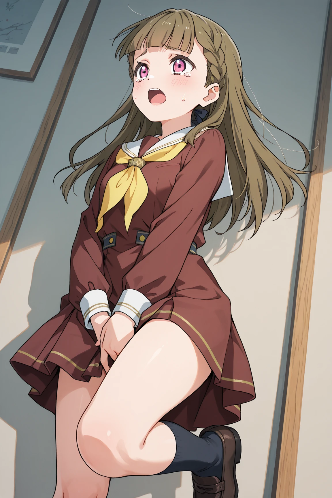 nsfw,masterpiece, high quality ,Dynamic Angle, Cowboy Shot, s old, One girl, child, alone,
Hermione Granger,
school uniform,Sit on a desk,Spread your legs and show your genitals,Holding a magic wand in his hand,
Very exquisite beautiful face and eyes, Beautiful Skin,Perfect Anatomy Smile,  Bedroom,Shining sunlight,((Sweat))