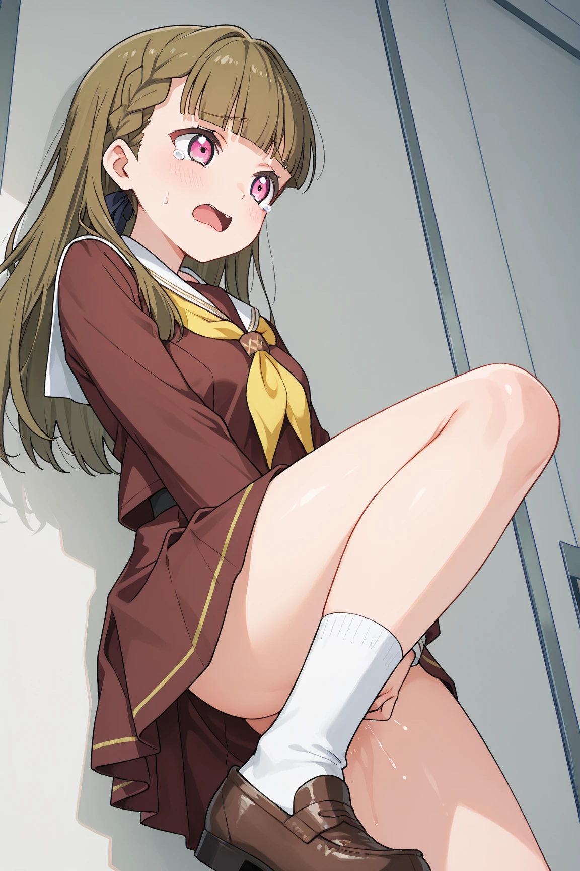 Highest quality, High resolution, masterpiece, (Beautiful Eyes), (Fine grain), Detailed face, kumiko oumae, Brown eyes, Brown Hair, short hair, Wavy Hair, smile, blush, skirt, shirt, Long sleeve, pleated skirt, neckerchief, brown skirt, White sailor collar, brown shirt, Kitauji High , red neckerchief, indoor, classroom, Chair, machine, View your viewers, Cowboy Shot, (skirtを持ち上げる:1.5), (Striped pattern_panties:1.5), (Wide pelvis:1.5), (Big Ass), (one panty:1.5), (Push your panties down a little:1.5), (Crotch up from below:1.5), (Plump thighs), (Align your legs), (pubic hair), (genital:1.5), nsfw