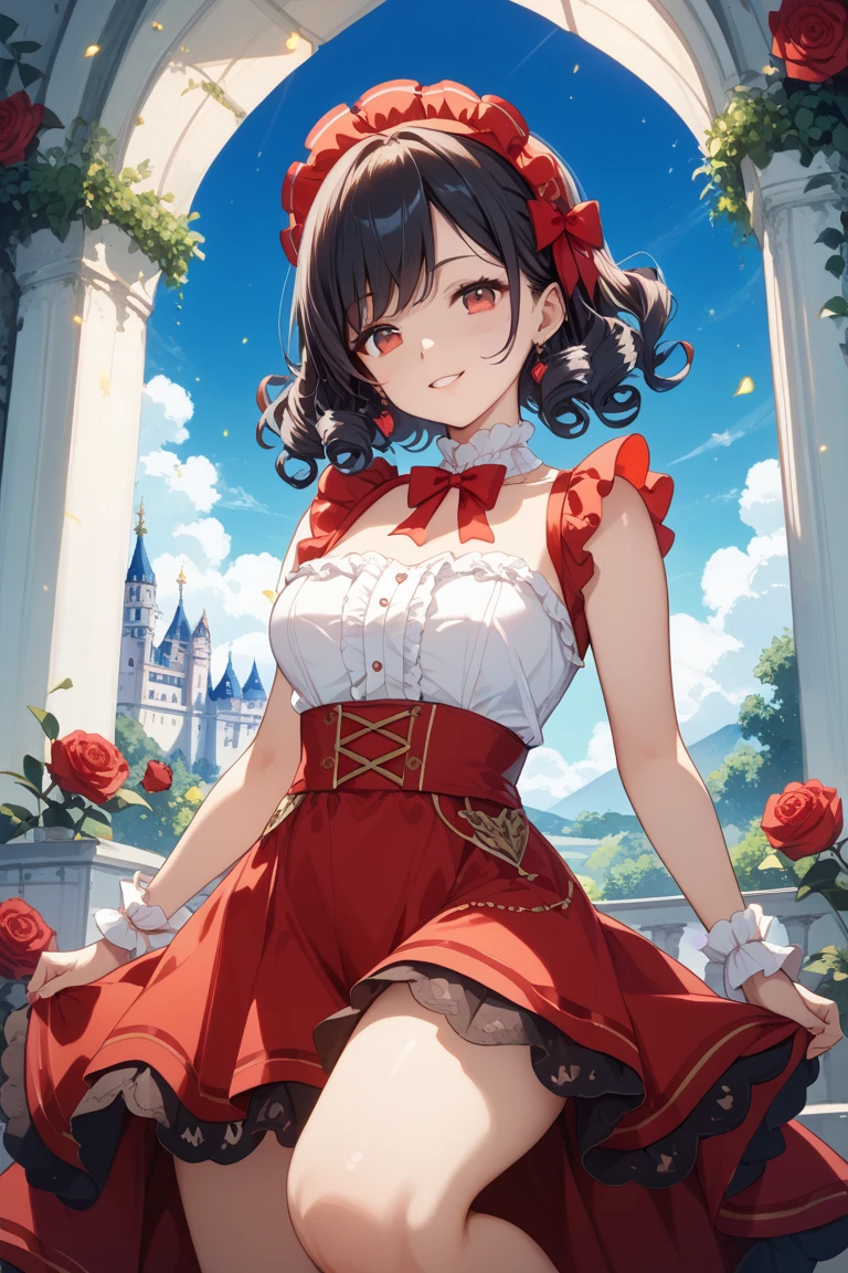 A cute woman (age 25, sexy Disney outfit), wandering around Disney Land, playful poses. Fond of turning her butt to viewer. daytime