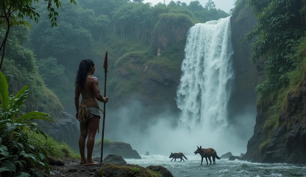 A capybara, in the river with a woman and the kiwai family