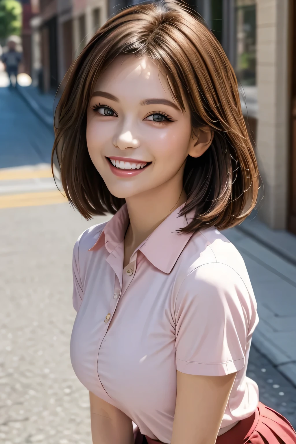 (photorealistic:1.4), (Very Detailed), (best quality), (best shadows), (masterpiece), super high resolution, 1 Ultimate Beautiful girl, solo, very elaborate face, grin, (Perfect Teeth), beautiful dark brown eyes, double eyelids, eyelashes, lip details, brunette hair, middle Breasts, smile, (light pink collared shirt:1.2), (tight mini skirt), thighs, description boundary depth, perfect lighting, (background: main street)