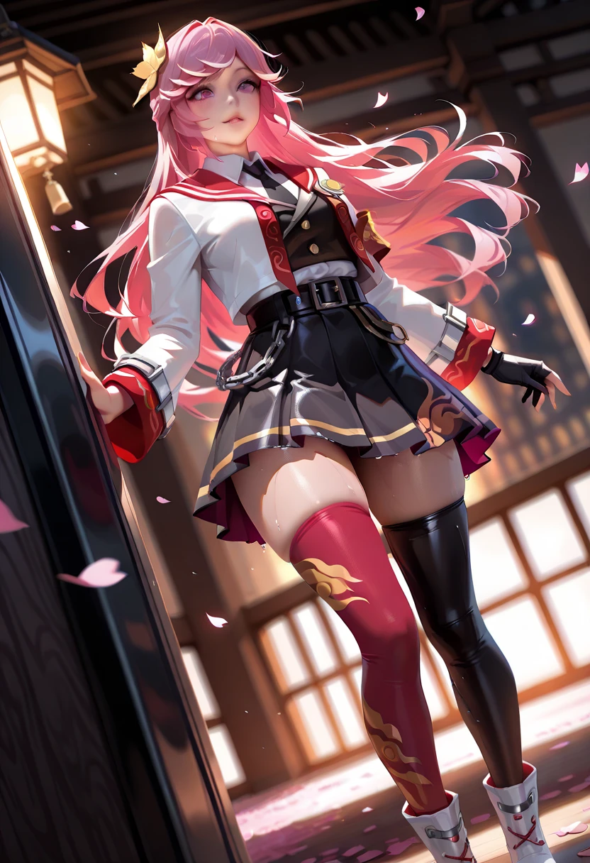 whaite hair，teens girl，quadratic element，gentleness，adolable，Red eyes, fighting pose, wearing heels, red cheecks
