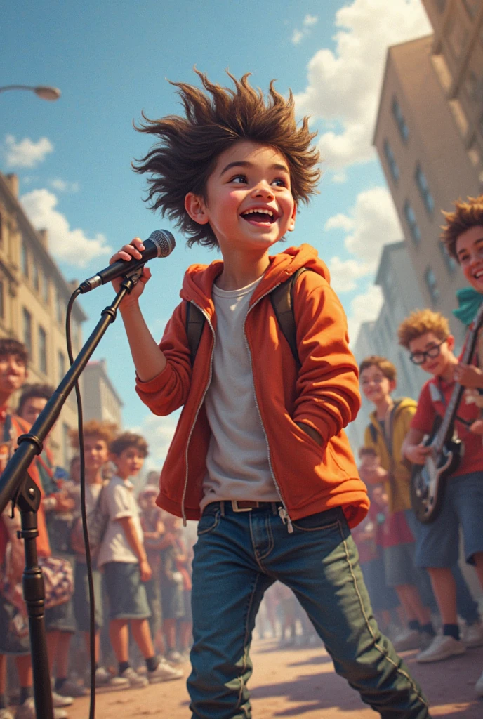 A classy cartoon boy age about 18 to 20 smiling face medium hair some hairs coming on face holding mic in hand standing in a cartoonish stand up comedy setup background