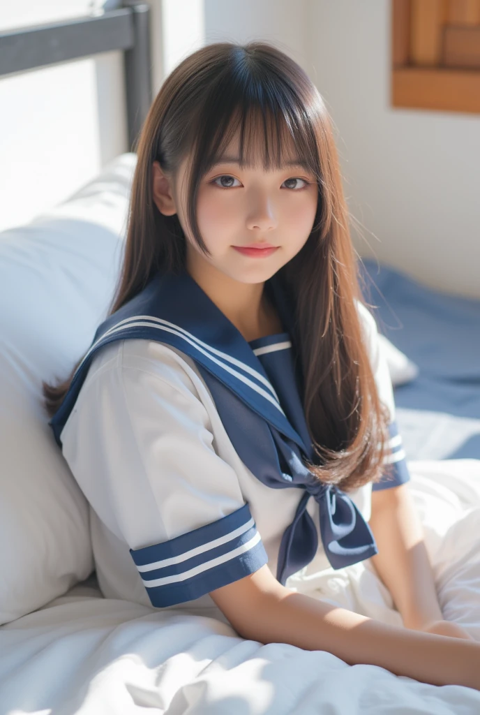cute,teen,black hair,long hair,straight hair,with bangs,angelic smile,model,full breasts, seiza,on bed,summer sailor suit