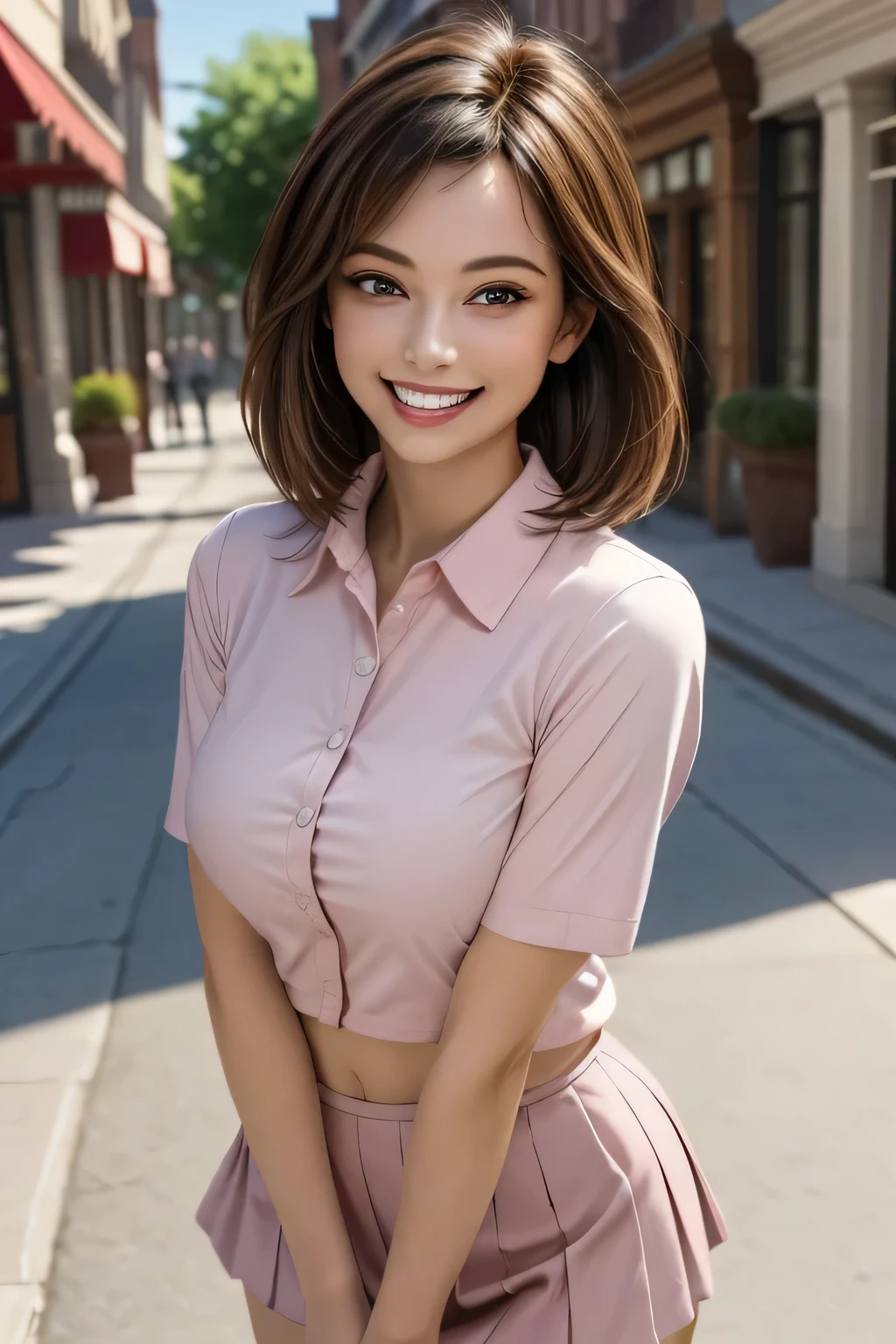 (photorealistic:1.4), (Very Detailed), (best quality), (best shadows), (masterpiece), super high resolution, 1 Ultimate Beautiful girl, solo, very elaborate face, grin, (Perfect Teeth), beautiful dark brown eyes, double eyelids, eyelashes, lip details, brunette hair, middle Breasts, smile, (light pink collared shirt:1.2), (tight mini skirt), thighs, description boundary depth, perfect lighting, (background: main street)