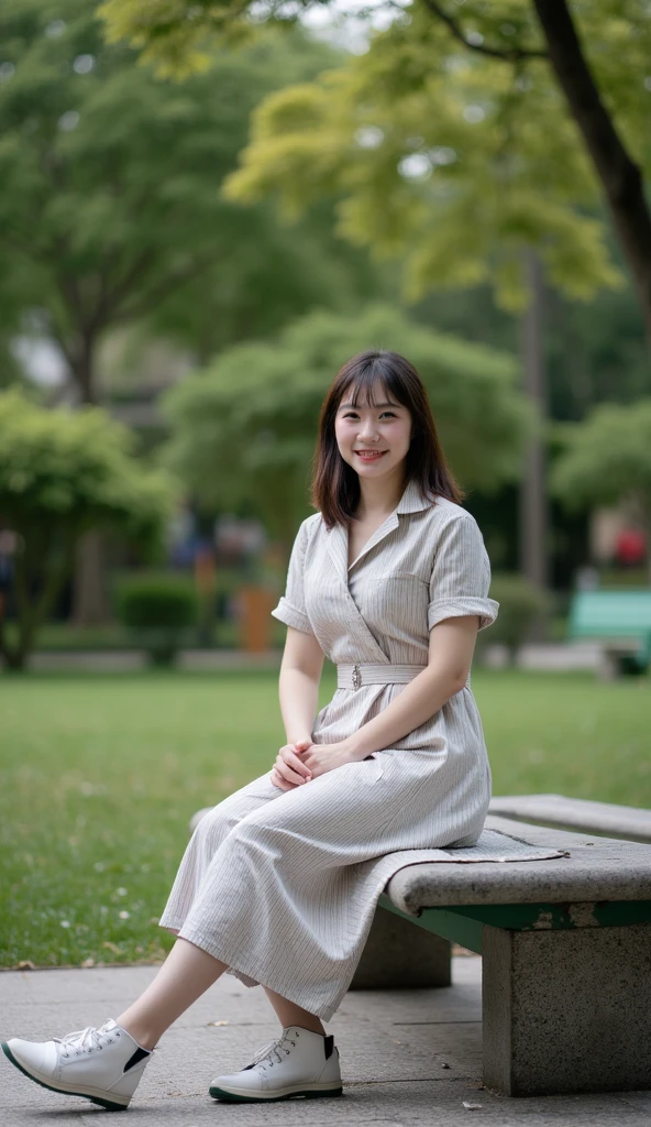 Araki woman in a gray dress standing on the bridge, standing in a botanical garden, photograph taken in 2 0 2 0, ancient garden behind her, xintong chen, inspired by Yan Liben, with a park in the background, on the garden, In Park, with a park in the back ground, Inspired by Tang Yifen, in a city park