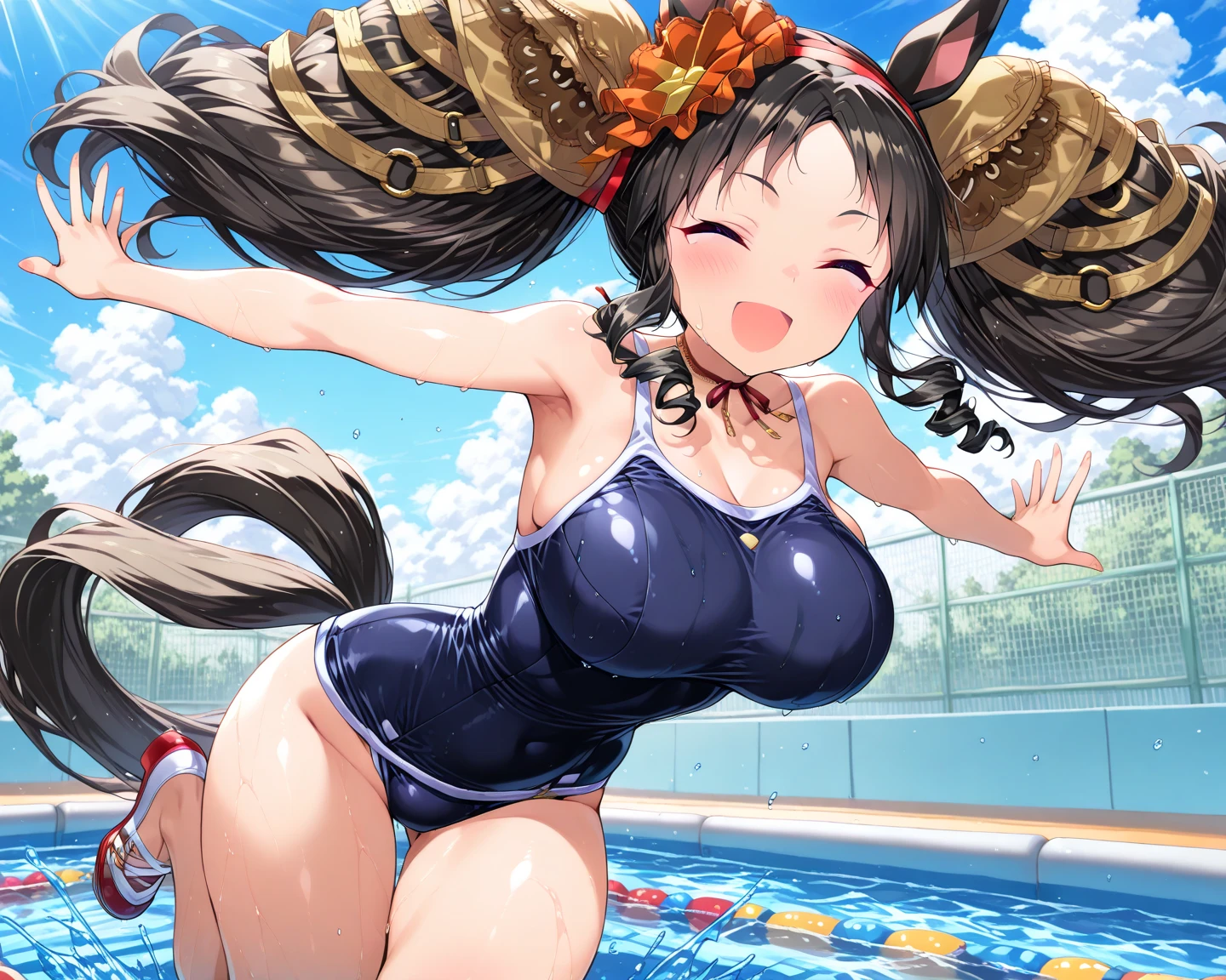 (best quarity,ultra detailed,ultra-high-resolution, absolutely resolution,8k, masterpiece),anime,(pale colors:1.8),long shot, 1girl, solo, cat mouth, hands up, (shoulder-deep in water:1.3), smile, closed eyes, opened mouth, fang, arms up, blue hair, bobcut, straight hair, racoon ears, racoon tail, (brown streaked hair:1.3), (blunt bangs) ,thick eyebrows, big breast, off shoulder bikini,  water splash background, summer, fullbody,