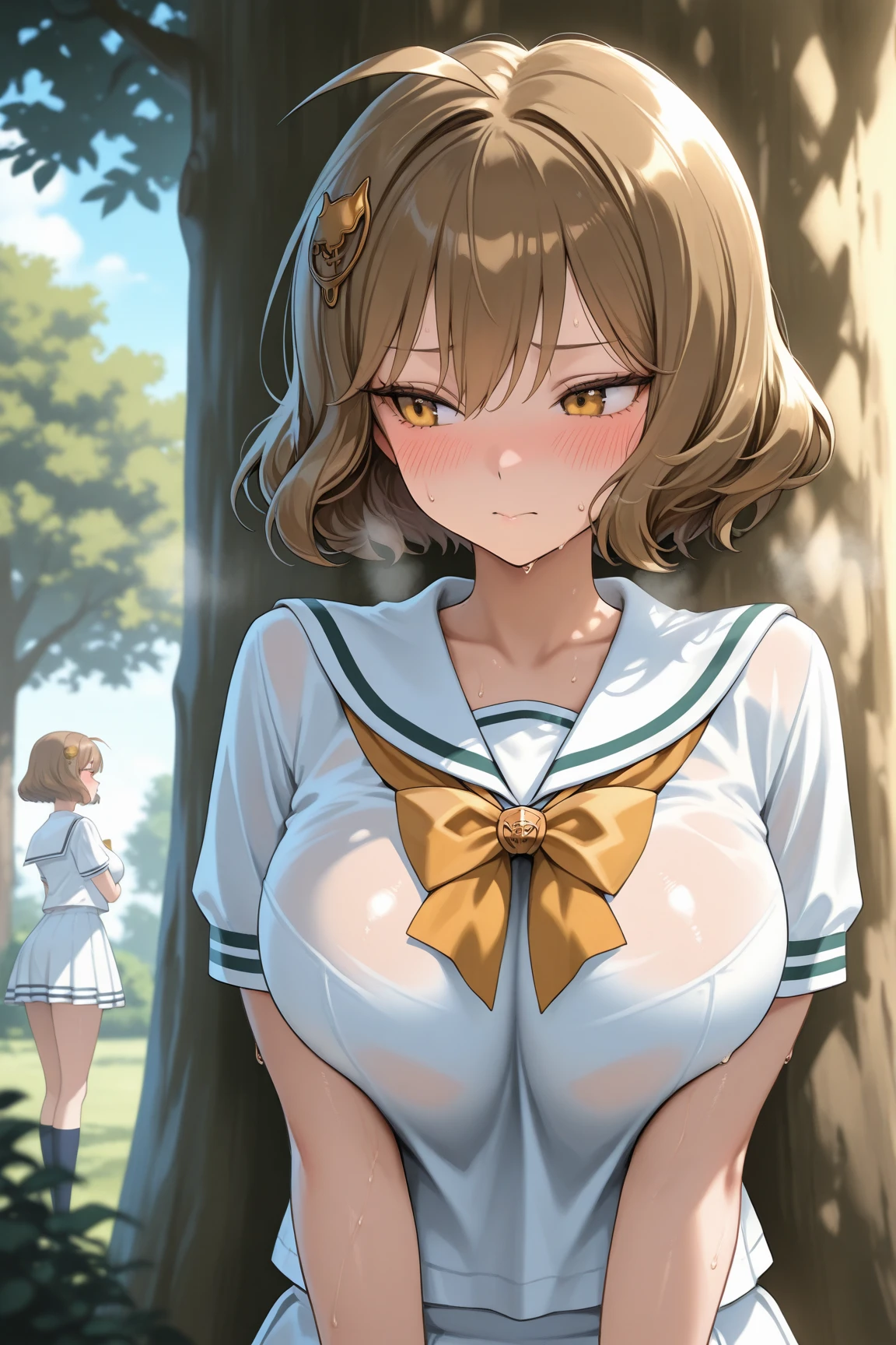 Big tits, bunny girl outfit, masterpiece, best quality, highres, aakikyo, short hair, hair intakes, white hairband, blue bowtie, , , , cowboy shot, standing, outdoors, straight-on, arms at sides, smile, open mouth, spread legs, thick,