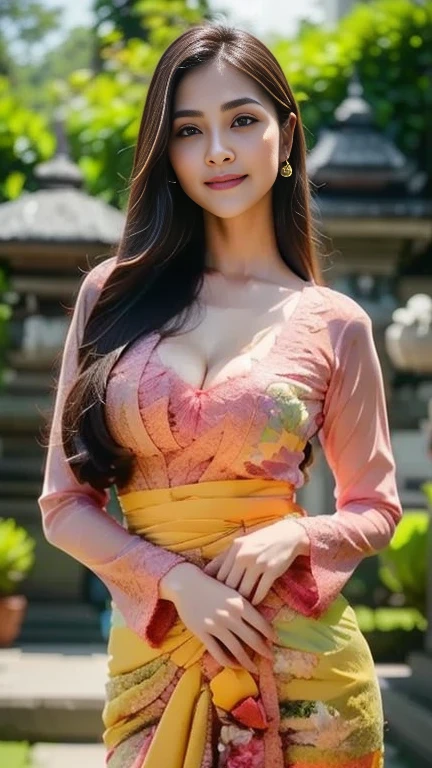 1 Indonesian-Dutch girl, 40 years old, long fashion hair, fit body, large breasts, big cleavage, skintight pink lace kebaya transparan, batik skirt, masterpiece, highly detailed, ultra hd, 8k, detailed face, bright eyes, perfect eyes, detailed skin texture, detailed lips, sexy lips, perfect hands, dynamic angle, cowboy shot, NSFW nudity, big breach