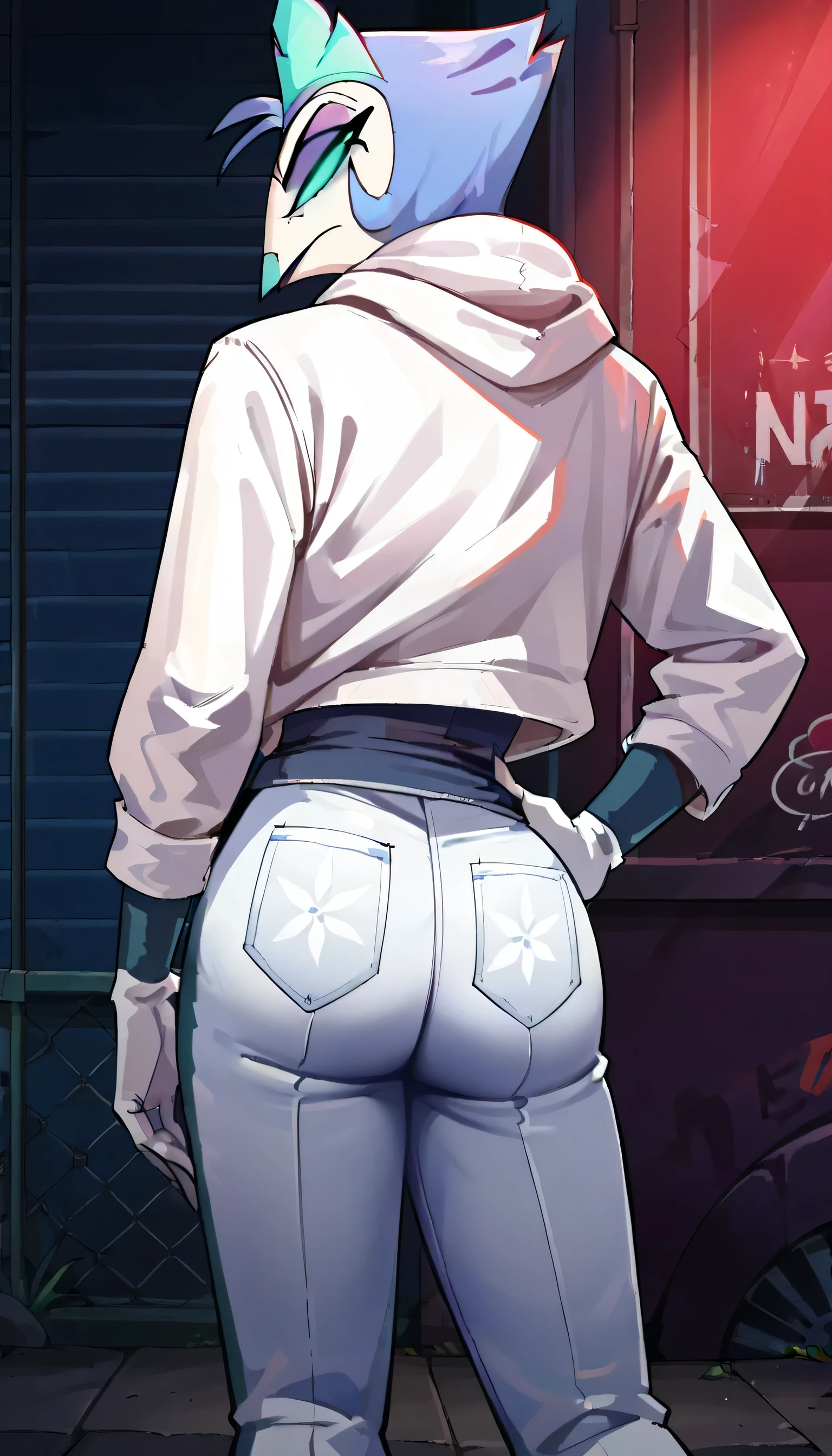 masterpiece, best quality, 1girl, solo, <lora:drivejacket-outfit-richy-v1:1> print jacket, white jacket, from behind, standing, jeans, <lora:jingliu-hsr-richy-v1:0.9> jingliu, hair ornament, blindfold, black gloves