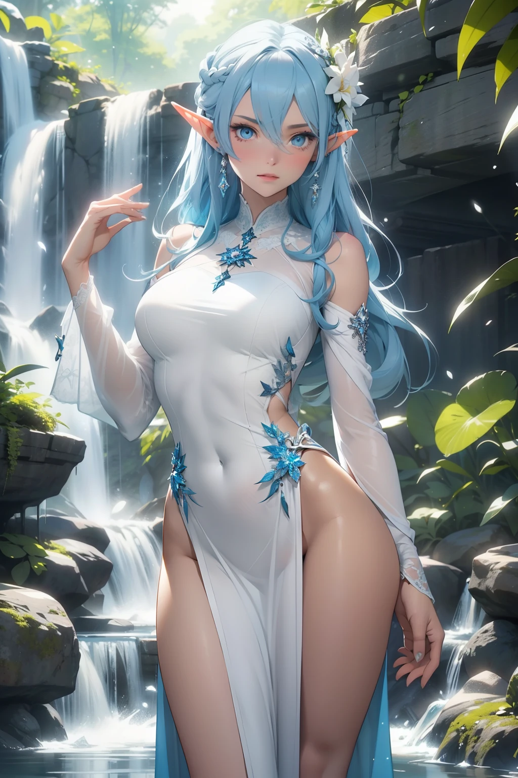 (full body picture,full body display),((epic composition,Waterfall in the forest,A woman wearing a flowing white gauze skirt,water goddess,There is a pair of water wings behind him,whole body xianxia,Shoot from behind,from below,Rich scene details,Water mist,flying water splash,Blue sky)),(25 years old,Excited expression,Open your mouth,sexy,enjoy,raised nipples),((anatomically correct,8k, super detail, UHD, masterpiece, super detail, high details, high quality, award winning, best quality, highres, 1080P, HD, 4K, 8k, ccurate)), wet hair,detailed face, detailed eyes, detailed hands,elf woman, detailed HANDS