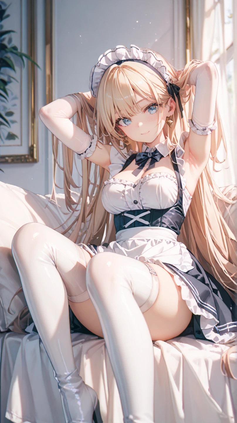 Masterpiece、Highest quality、Highest quality, (long and thin legs, shoes:1.2), Arm behind wrist, squat、Spread your legs、1 girl, (smile、Open your mouth大笑い:1.2), Cute blue eyes, (Detailed face:1.3)、Open your mouth, The whole face turns red, alone, Big and ample breasts, (Straight bangs, Twin tails), White maid outfit、Side bust、Underbust、belly button、Walking through the mansion'corridor、nsfw