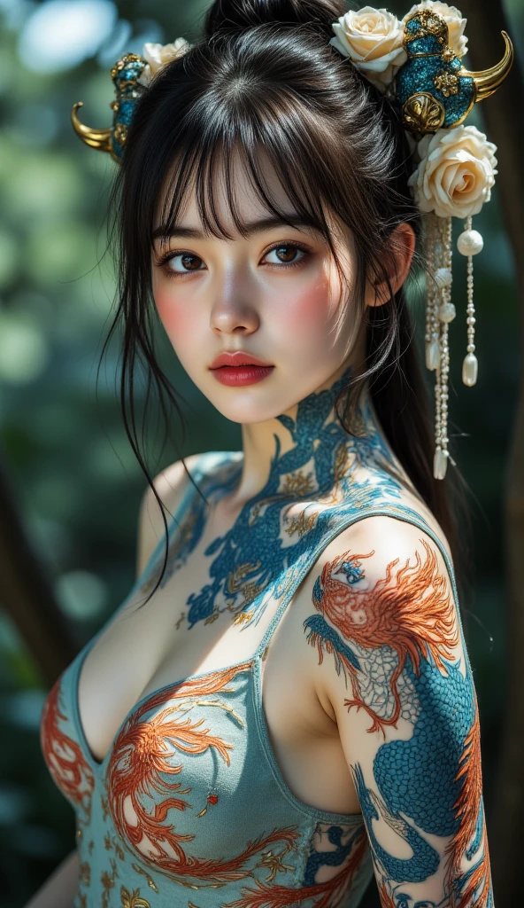 masterpiece, best quality, 1girl, <lora:kwFemaleBeta42_SDXL_v1:1>,
black, chinese, cobra and tortoise entangle, lake, mountain, cleavage, stomach tattoo, nipple piercing, waifu