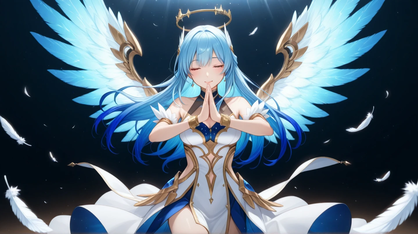 (masterpiece:1.2), best quality,beautiful, high resolution, (illustration:0.8), (beautiful detailed eyes:1.6), extremely detailed face, perfect lighting, extremely detailed CG, (perfect hands, perfect ???????), le malin holding a microphone with her two hands and singing, hands on microphone, microphone, holding with two hands, open mouth, singing, le malin, star-shaped pupils, double bun, blue eyes, very long hair, hair bun, bow, white hair, sidelocks, blue hair ribbon, ribbon, white _dress, angel_wings, white_legwear, long sleeves, white dress, pleated dress, thighband pantyhose, stage,
