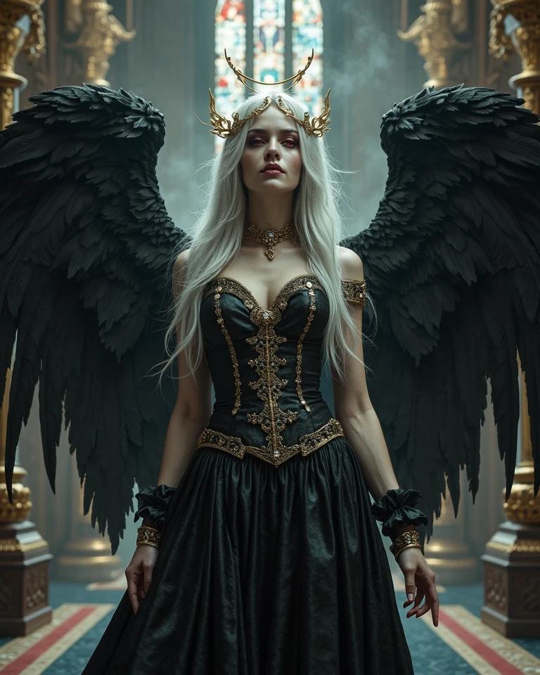 woman, abstract colors, texture, film grain, skin pores, fiery atmospheric haze, vignetting:0.2 intricate hasselblad dslr RAW dramatic portrait photo of an evil gothic angel with (flaming huge black feathered ravens wings)1.2, horned demon queen wearing an ornate gothic corset gold , black dress, leg slit, (eyeliner)1.2, (flying)1.4 over a dusty (wasteland junkyard)1.2 fiery hellscape, petite ciri audrey hepburn emily browning yvonne strahovski harley quinn, punk (platinum blonde)1.3, (gritty apocalyptic stormy sunset backlit)1.3, (freckles)1, analog style eye contact selfie, (film grain)1.3