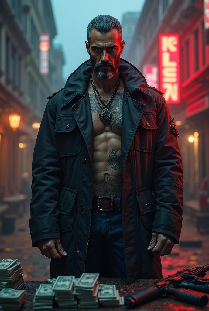 (photorealism:1.2), male figure, snake eyes, yellow eyes, muscular, scars, overcoat, sinister background, devil