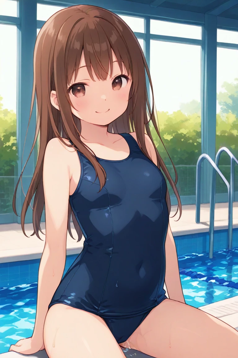 1girl,shimamura uzuki,old school swimsuit,small breast,looking at viewer,smile,closed mouth,pussy,from below,arms behind back