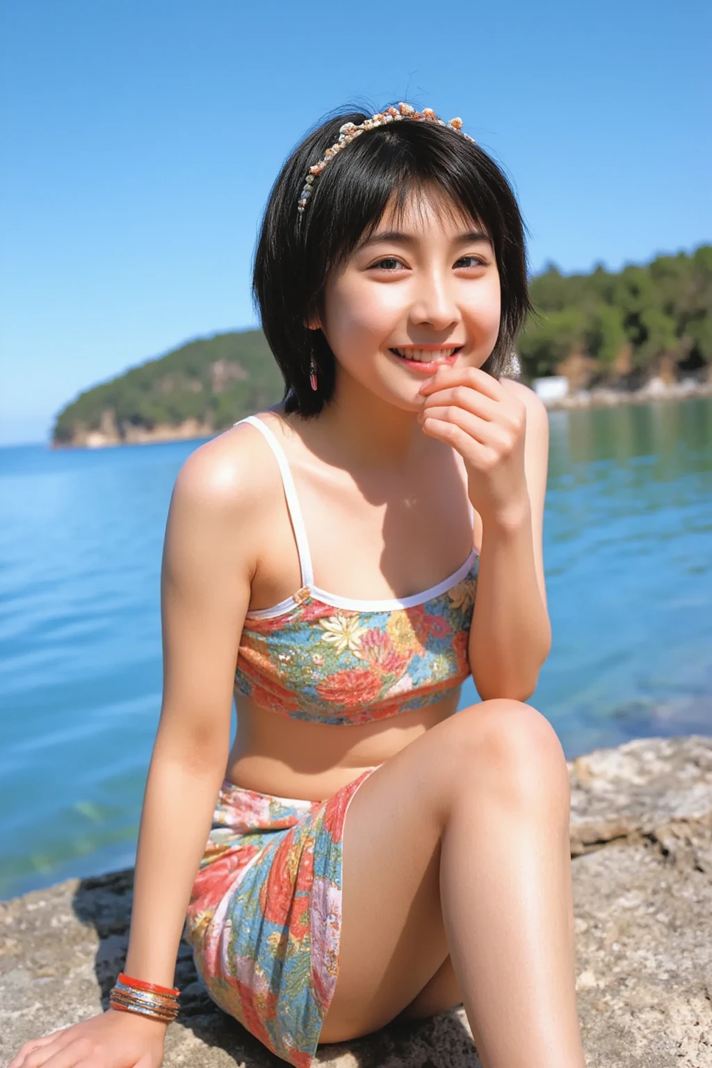 (masterpiece), (Highest quality), (Very detailed),(Disheveled Hair),(shape), (One Girl), (bikini), Are standing, Fashion Model, View your audience, (interview), (Beach),Beautiful details, Delicate and beautiful face, floating,(High chroma),(Colorful splashes),Colorful bubbles,(The Shining), Focus on the face,  Hair Ring, Floating Flowers, Floating Hair, (The Shining), Best lighting, Best Shadow,