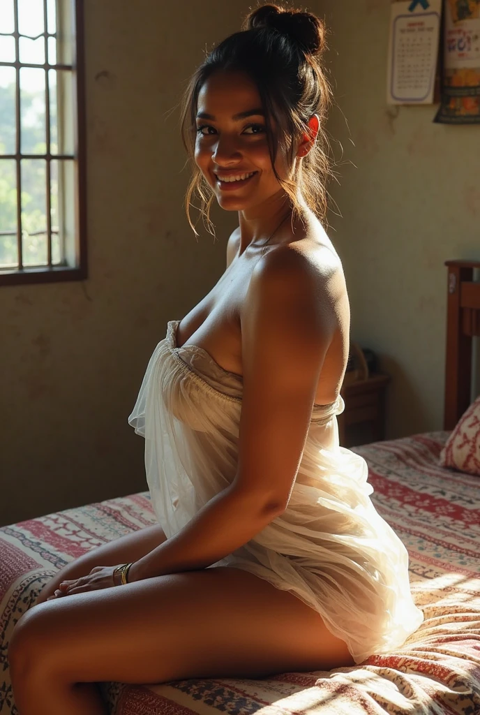 Beautiful 26 years old topless woman, smile, dark long hair, wearing white and black stripes loose dress, heels, natural morning light, realistic portrait, highly detailed, analog style, deep cleavage, large breast, full body, sit pose, ice cream, nipslip, nipple, (((bare breast)))