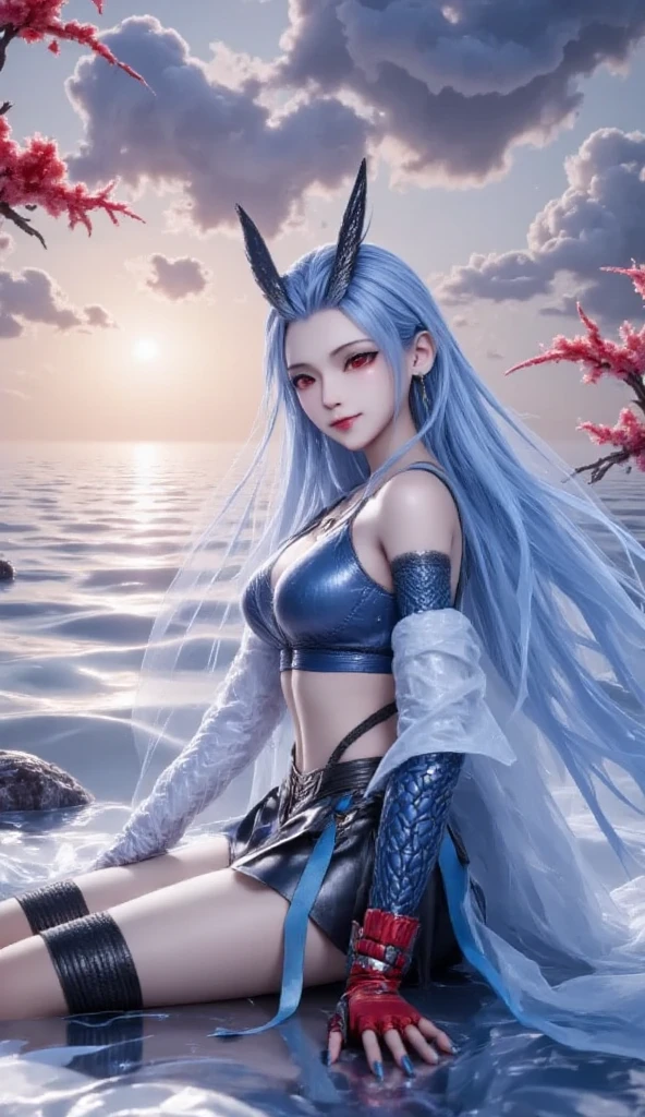 Under water,A girl with long white hair,M-shaped bangs,Has blue eyes,It has white double dragon horns,Has a pair of mackerel ears