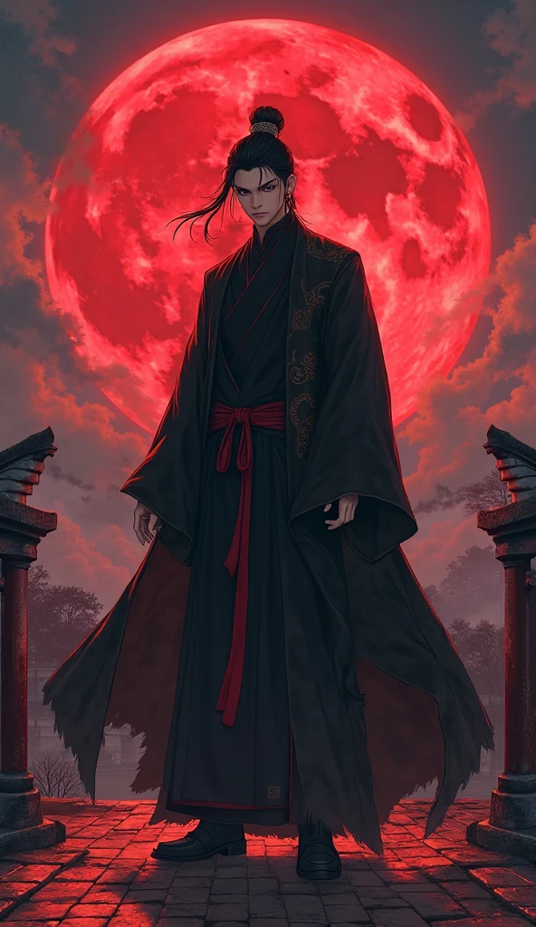 themoon， optic， fanciful，It was dark，storming，salama，中景 the scene is，Manhwa Style，A man in a black robe with a scroll in his hand，Can't see faces，Two red lights in his eyes，Magnificent，There is domineering between the eyebrows，Look at the camera，