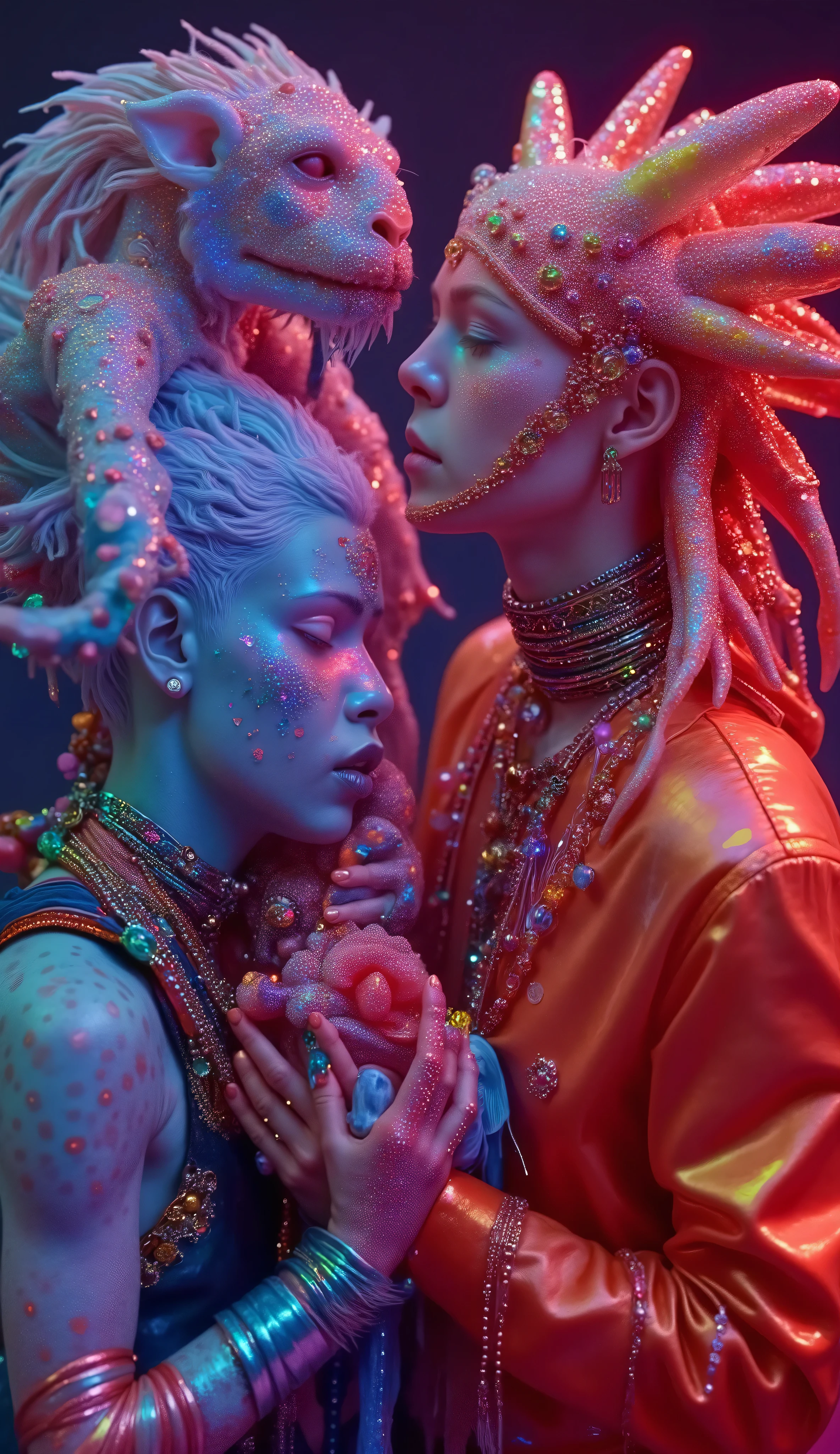 Strange and sinister African human albinos, with exotic predatory animals, friendly caress the beasts. hyperrealistic artist, inst ax, playful performance art, atmospheric installations, iconic fashion, colorful costumes, Supercolor Intense, solar punk. Coherent and dynamic movement. hyperrealistic, cinematic lighting, hyper-detailed, 8K. masterpiece.