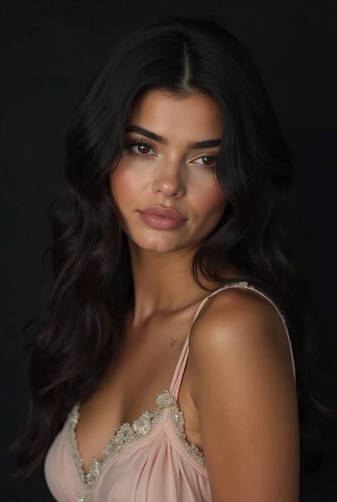Portrait of 1 young 20yo woman, black hair, wearing colorful dress, perfect eyebrow, perfect lips, perfect nose, professional color graded, wonderful woman, cute russian woman, sharp focus, long hair. Gold dress