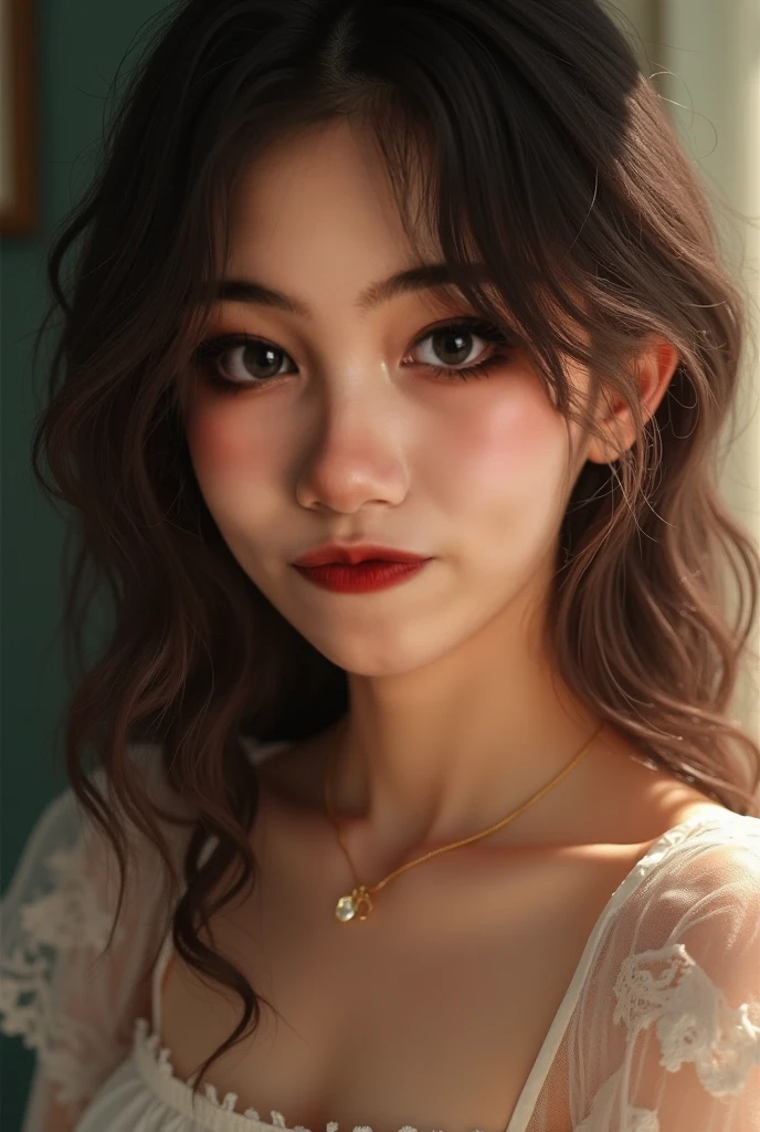 1 Girl, 19 years old, south korean, 4k, masterpiece, realistic, long whavy black hair with bangs, messy hair, shining purple pupils, shining red lips, red eyeliners, freckles, pijama, sagging clothes, large breast, surprised, open mouth, gasphing for air, tilted head bright colors, face close up, face focus.