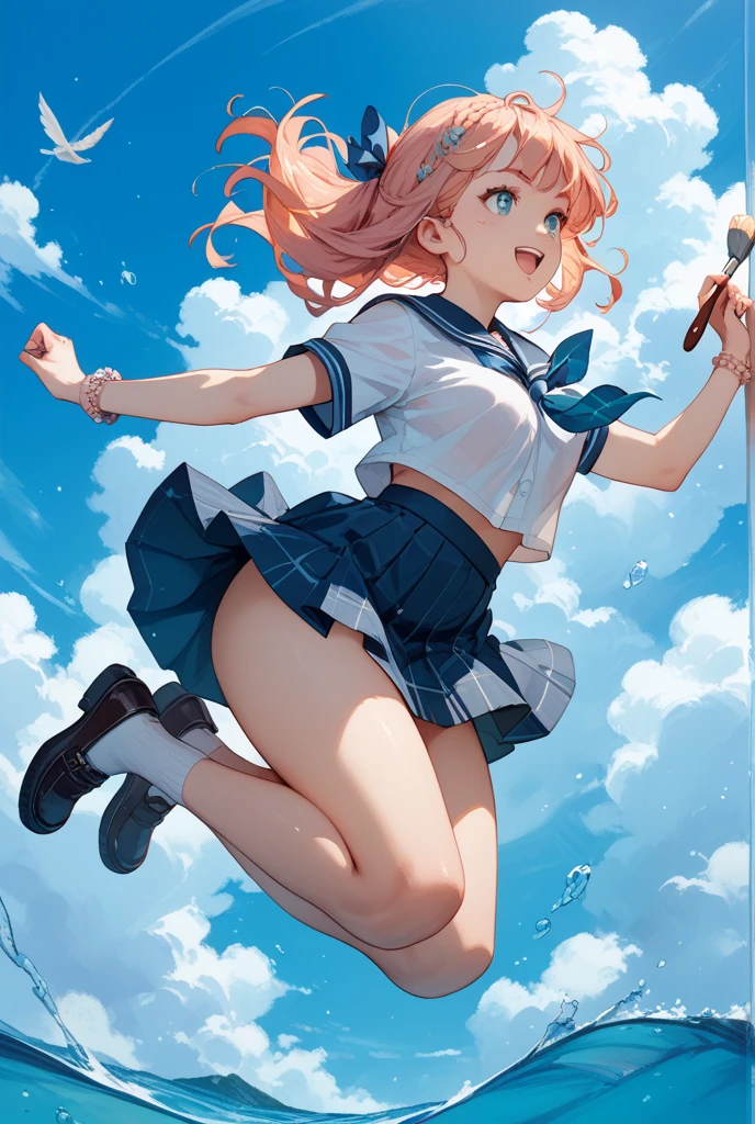 (Browsing Caution)masterpiece、Highest quality、High resolution、Real Skin、Detailed skin)、(One Girl、alone)、(Japanese Model、Japanese Girls)、short hair、Colored inside light blue、(summer 、White shirt:1.1)、(Dark blue skirt、Pleated skirt:1.1)、(The wind is blowing、Wind power increase、A skirt flipped up by the wind、A skirt flipped up by the wind、Skirt flutters:1.5)、Dark blue socks、Black Loafers、(Full-fledged panties:1.5)、Lace panties with white ribbon:1.5、blush、Embarrassing