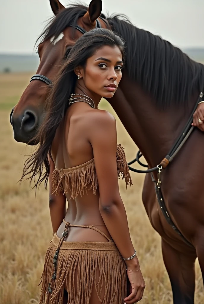Realistic image of a woman, alone, with long hair, looking at the viewer, black hair, brown eyes, jewelry, braid, earrings, dark skin, necklace, mole, dark-skinned woman, lips, tattoo, feathers, headdress, facial tattoo, Native American, sitting on the green grass with heranimals