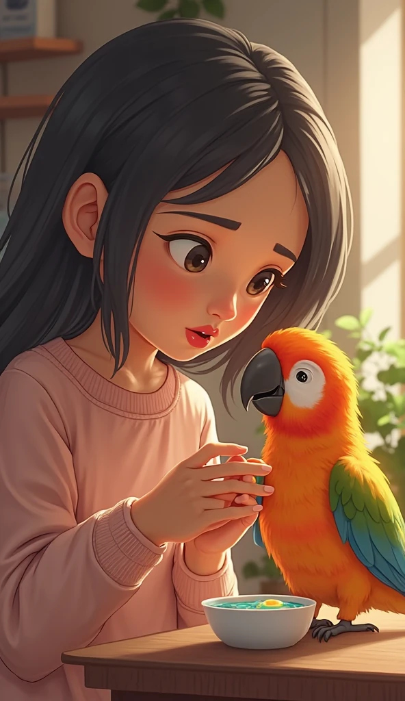 Girl with wolf haircut , brown fur, dark brown eyes, nutty. With a white shirt and a parrot, 19 years
