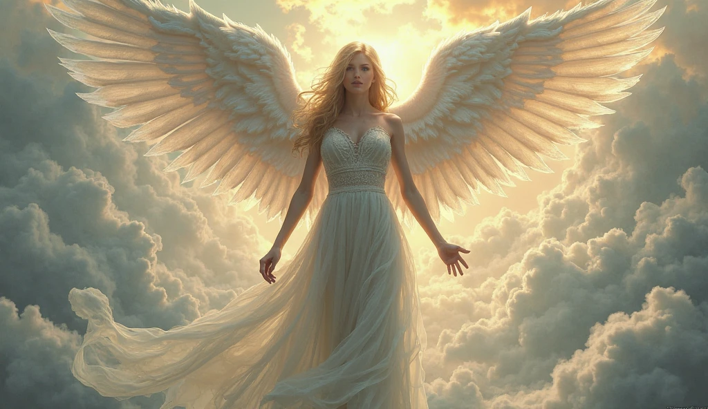 masterpiece, best quality, high quality, extremely detailed CG unit 8k wallpaper,high quality, highly detailed, Imagine a dreamlike scene with a beautifull female angel, she have Golden blonde hair and white longe wings. Longe silver dress and she have powerfull aura, she have Green eyes and gently aspect, Celestia. Full body portrait award-winning photography, Bokeh, depth of field, HDR, photorealistic, extremely detailed, trend on artstation, trend on CGsociety, Complex, High Detail, dramatic, art by midjourney