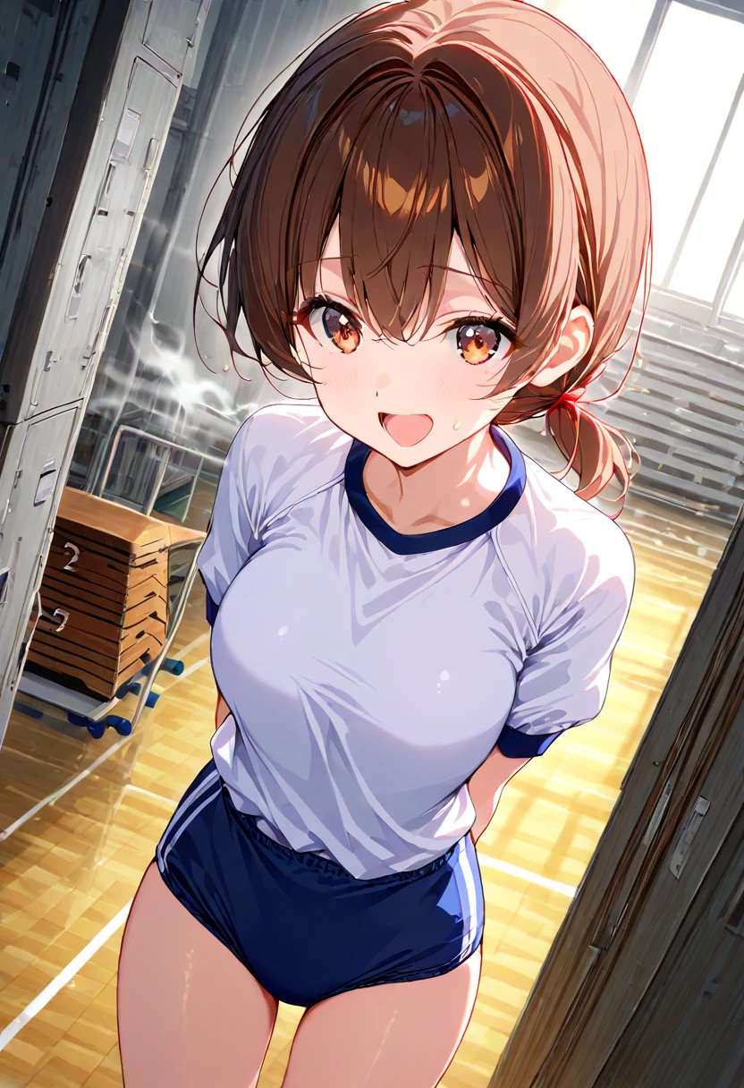Only one female, /(Volleyball Uniforms/), Dynamic pose, /(Light brown hair/) bangs, (A look of determination, Turn your back), (Top quality masterpiece:1.2) Delicate illustrations with super detail, break /(Indoor volleyball court/)