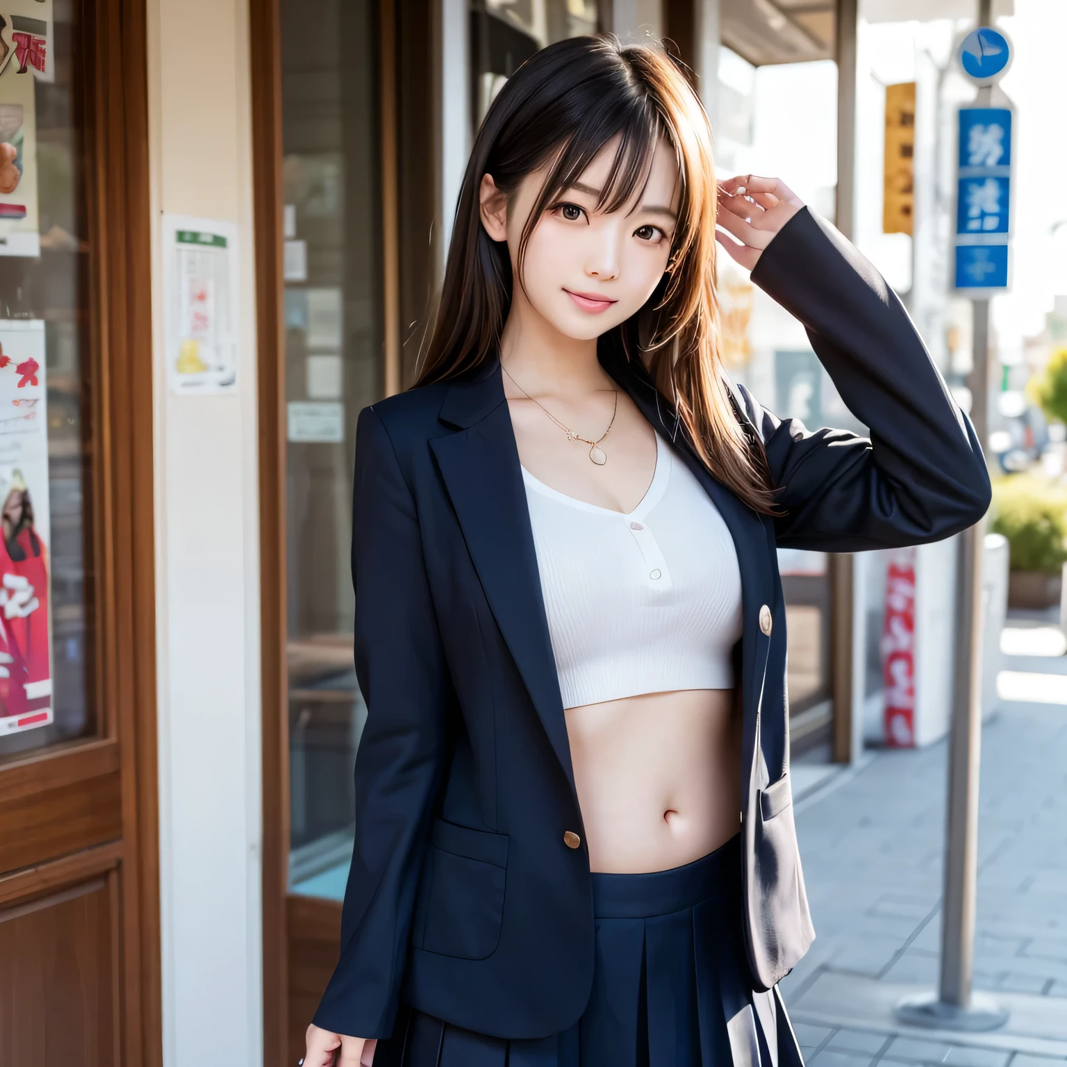 ((Best of the highest quality, 8k, Masterpiece: 1.3, raw photo)), Sharp focus: 1.2, (1 AESPA, slim body type female, 21 y/o: 1.1), (Solo: 1.28), (realistic, photo-realistic:1.37), face focus, cute face, finely eyes, side lighting, using reflectors, (small breasts, flat chest, Thigh: 1.3), (short messy hair, bangs: 1.28), (wearing blazer school uniform, bra top, skirt:1.32), (ribbon:1.2), walking terrace dining, sun light, flower,