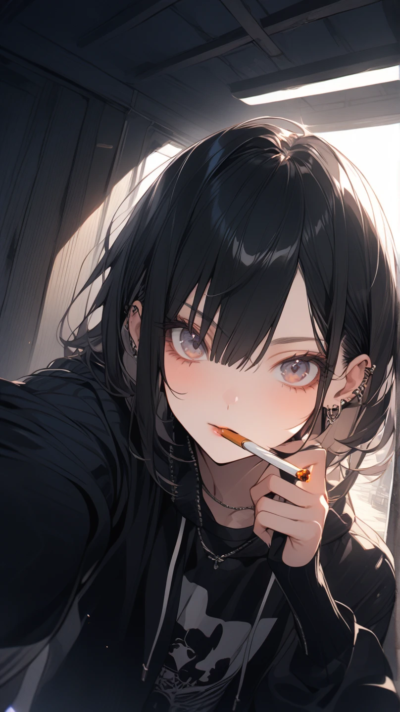 oil painting. girl. black hair. black eyes . smokes 