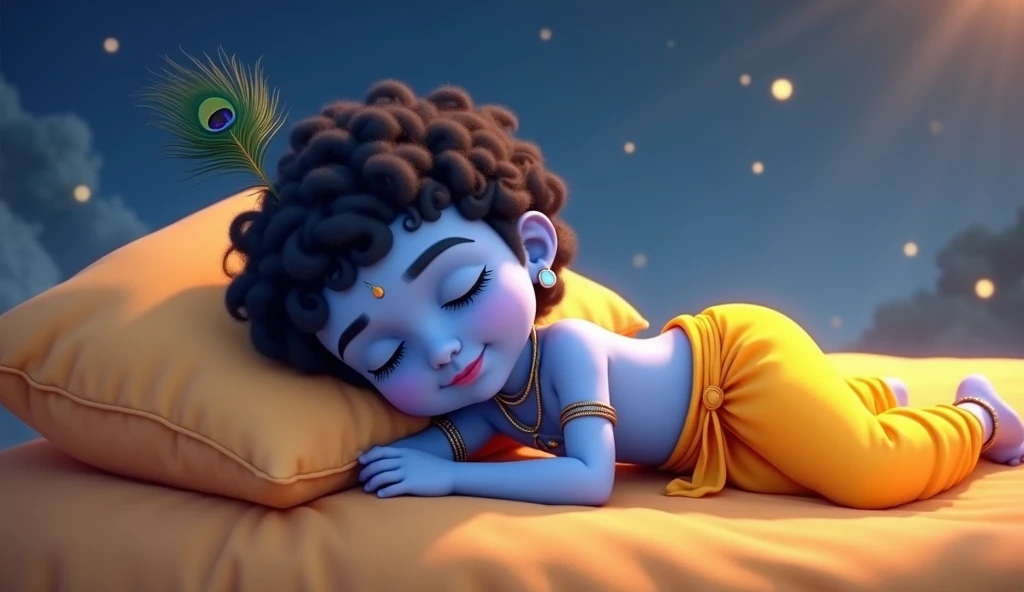  Krishna, lying on swing, blue colour, palace, peacock feather 