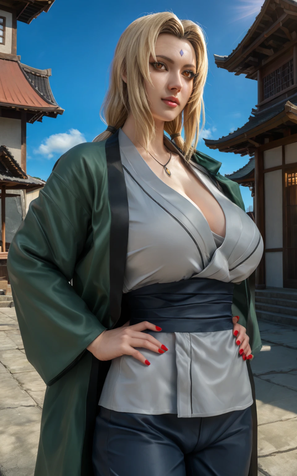 tsunade, large breasts, cleavage, collarbone, naked jacket, (tsun jacket), (tsun necklace), mature woman, relaxed expression, looking at viewer, standing in edo era japanese house, indoors, daytime, (cowboy shot), (insanely detailed, beautiful detailed face, masterpiece, beautiful detailed eyes, best quality), huge breasts, ((seductive smile)), ultra high res,4K,ultra-detailed, photography, 8K, HDR, highres, (absurdres:1.2), Kodak portra 400, film grain, blurry background, (bokeh:1.2), lens flare, (vibrant_color:1.2),professional photograph, (beautiful_face:1.5),