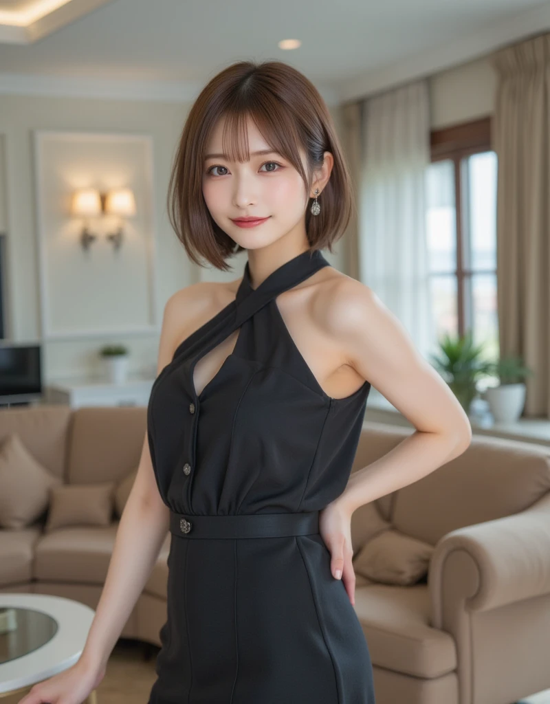 Modern rooms with night views、Quiet time at night、Beautiful woman resting in a sophisticated black and white room、Short-haired、Beautiful Japanese actressesのネグリジェ、(Realistic、フォトRealistic)、Beautiful Japanese actresses、Short-haired、sakimichan、Cinematic light， Realistically， Highest quality， Complex CGI，Highly detailed face，High Detail Eyes，Sit on the bed,