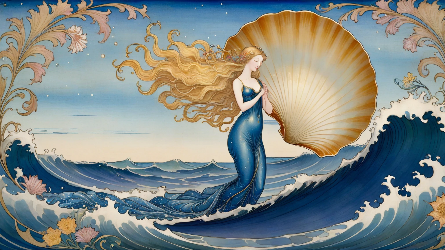 a woman with a starfish over her eyes wearing it like a mask over her eyes and the starfish has little blue lights that shine, the woman stands on a black stone carved with symbols in a rough sea raising her hands towards the sky in a Sandro Botichelli style painting, with slightly blue skin and small scales on the face, tiene el pelo largo decorado con tiaras de oro y perlas y los pechos cubiertos de conchas (Lying position on the rock carved with a pronounced mermaid tail. )