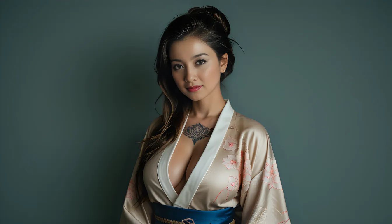 (masterpiece), (best quality), highly intricate details, (photorealistic:1), (1girl, wearing kimono), (colour photo:1.3), (dark tone low key film:1.5),(((dark tone low key film:1.4))), (dark photo:1.3), masterpiece, best quality, detailed slim legs, feet, dark background, standing, with perfect face, beautiful face, beautiful eyes, charming, ((young American female:1.5)), prestige, luxury, jewelry, intricate detail, full body angle shot, yakuza, traditional clothes, emphasizing, picture-perfect face, (supermodel:1.4),(kimono), (long black_hair:1), (mature female, perfect  body, correct proportions:1.1), perfect face, beautiful face, beautiful eyes, ((perfect  body)), fantasy, dreamlike, unreal, (rich:1.9), In the picture, exuding confidence and allure. The overall tone of the image is dark, ((big size beautiful breast)), deep cleavage:1.2, big breast,

....Tall, athletic, Triangular face, Fair Skin, Long brown hair, hazel Eyes, [[Curved Nose]], Thick Lips, Round Chin, Instagram model, cheerful smile, medium breasts, coral stain lipstick,
Masterpiece, hi res, 8k, award winning, RAW photo, high quality, 35mm photograph, film grain, bokeh, professional, 4K, highly detailed, 
