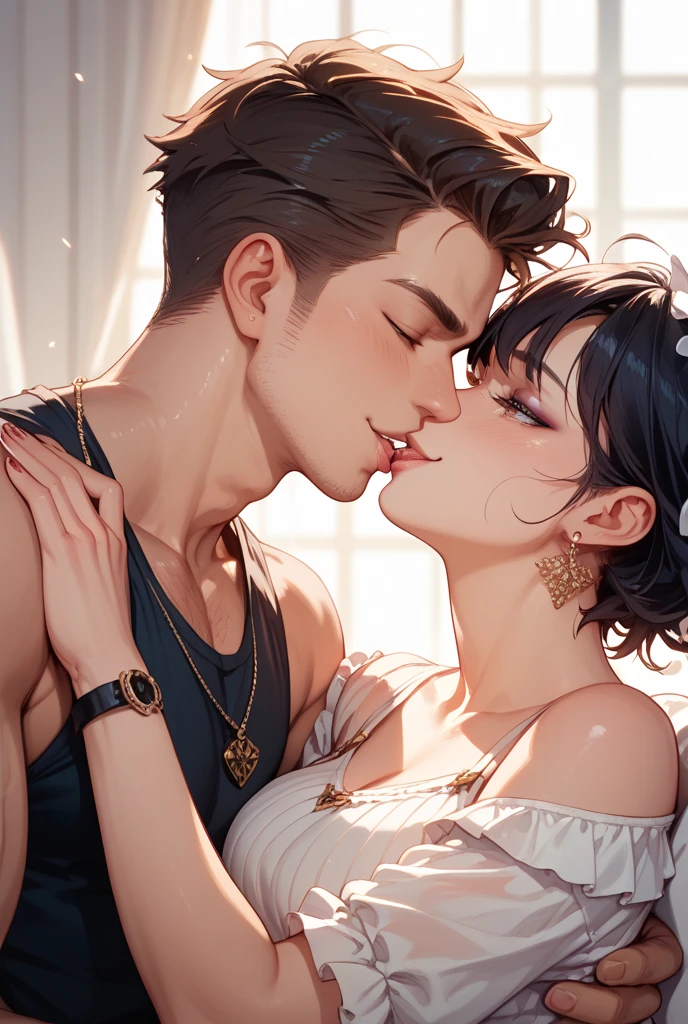  Amazing portrait of a sexy woman wearing her short black hair in a bob with a white hairband and some elegant earrings and a black sleeveless sweater paired with a cream skirt kissing and making out passionately with a shirtless boy in an intimate setting
