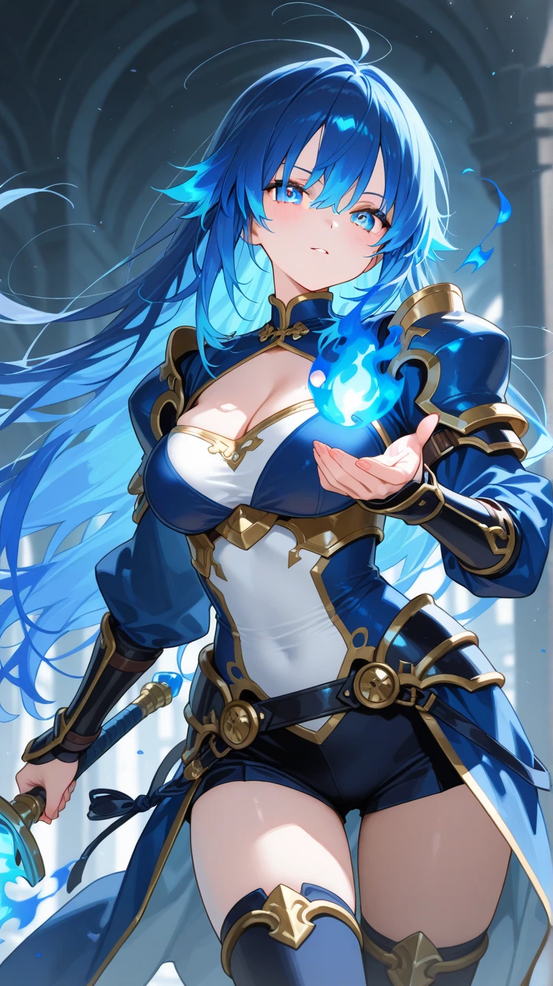 4k,High resolution,one woman,blue hair,long hair,green eyes,big breasts,Princess Knight,princess dress,knight armor,heavy armor,princess tiara,Night visor,long sword,inside the dungeon