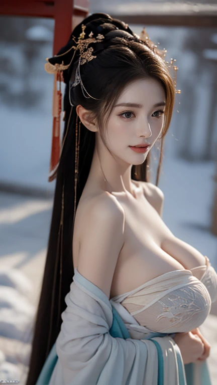 perfect figure beautiful girl:1.4, 17years old, cleavage, huge breast Layered Hair Style, (Cleric:1.5), Jewelry Decoration, Highly Detailed Face and Skin Textur, double-edged eyelid, Whiten the skin, long hair,  (background snow plains), diamond dust,