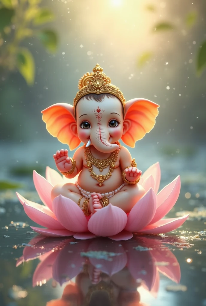 Prompt : Ganesha sitting on a golden day style wallpaper with pastel colors of pink, sitting on a pink lotus flower, full body, two hand and five fingers, cute, shiny, crystal stars, digital art, simple design, very high resolution, cinematic lighting, perfect composition, harmonious composition, octane render, Chibi-Style.